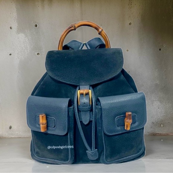 GUCCI by Tom Ford navy blue top Bamboo handle backpack suede Nubuck vintage 90s - Picture 10 of 16
